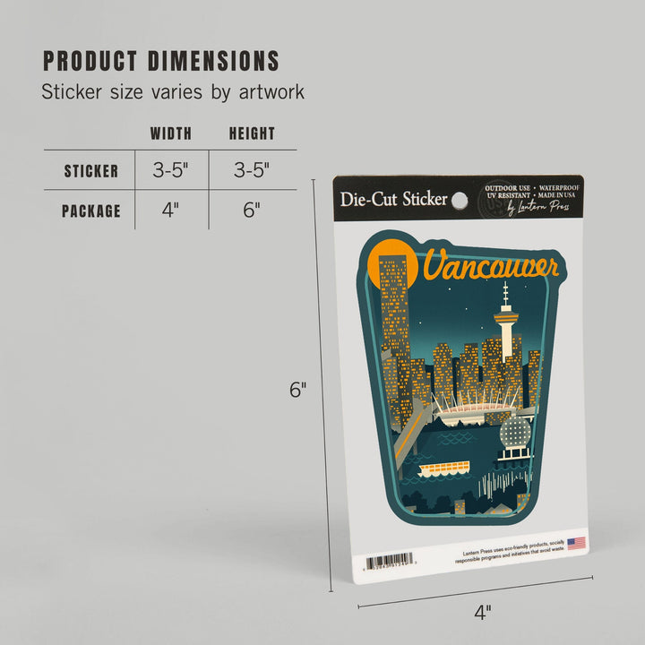 Vancouver, British Columbia, Retro Skyline, Contour, Lantern Press Artwork, Vinyl Sticker Sticker Lantern Press