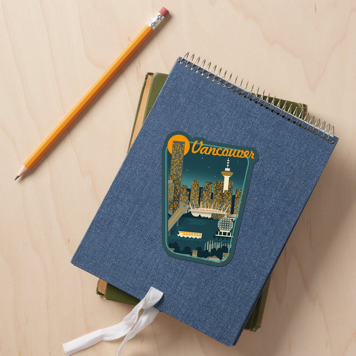 Vancouver, British Columbia, Retro Skyline, Contour, Lantern Press Artwork, Vinyl Sticker Sticker Lantern Press