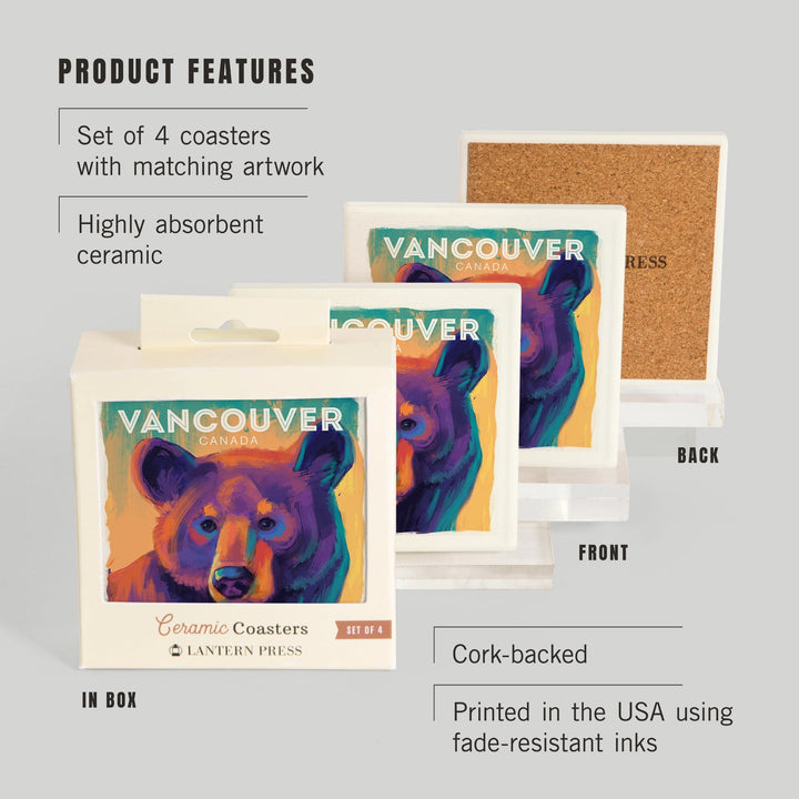 Vancouver, Canada, Black Bear, Vivid, Coasters Coasters Lantern Press