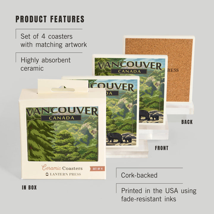 Vancouver, Canada, Black Bears and Stream, Coasters Coasters Lantern Press