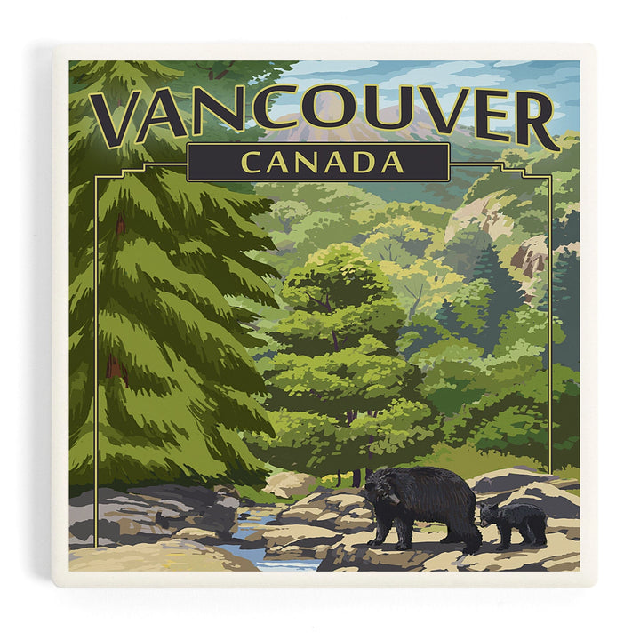 Vancouver, Canada, Black Bears and Stream, Coasters Coasters Lantern Press