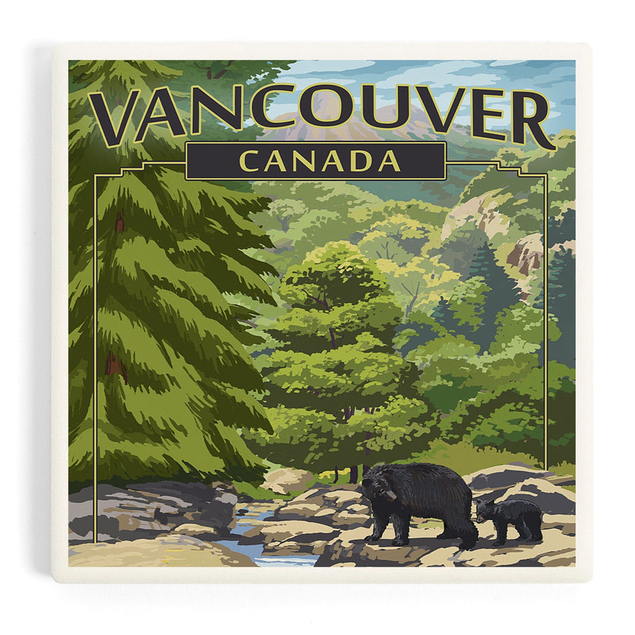 Vancouver, Canada, Black Bears and Stream, Coasters Coasters Lantern Press