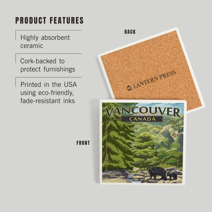 Vancouver, Canada, Black Bears and Stream, Coasters Coasters Lantern Press