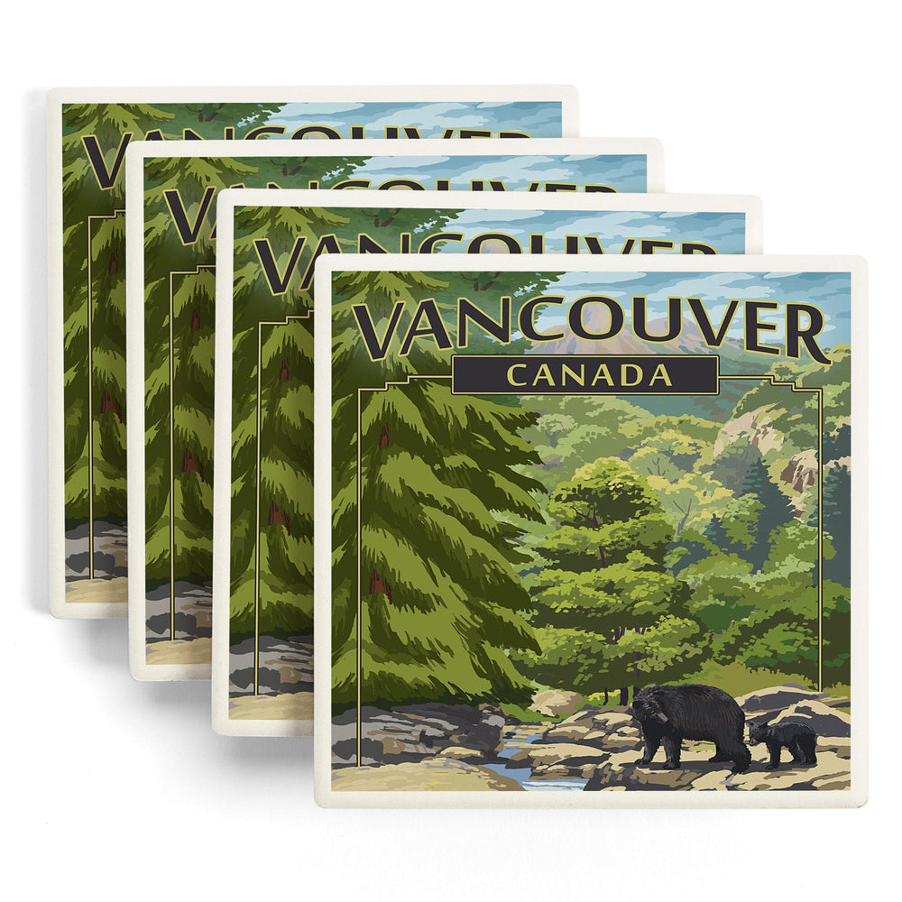 Vancouver, Canada, Black Bears and Stream, Coasters Coasters Lantern Press