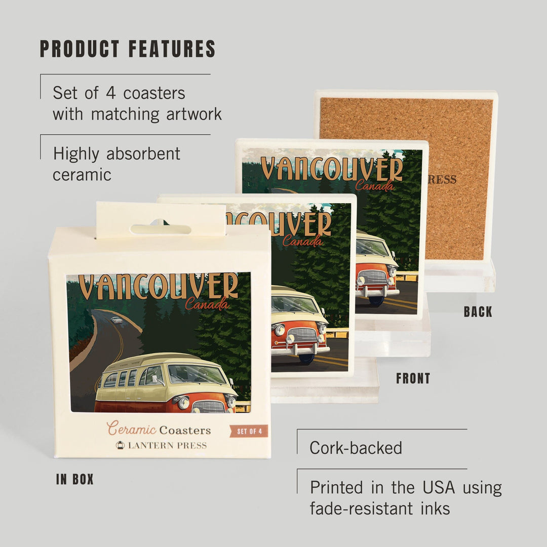 Vancouver, Canada, Camper Van, Evergreens, Coasters Coasters Lantern Press