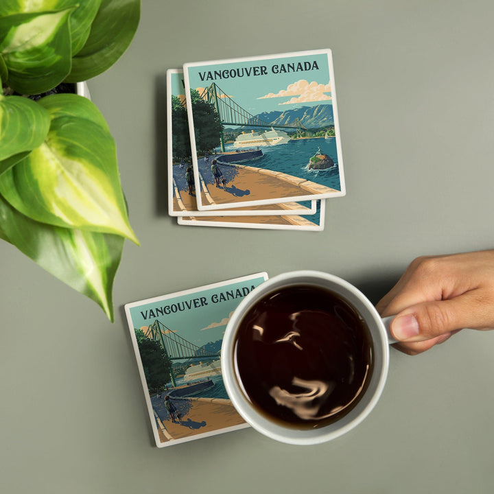 Vancouver Canada, Lions Gate Bridge, Painterly, Coasters Coasters Lantern Press