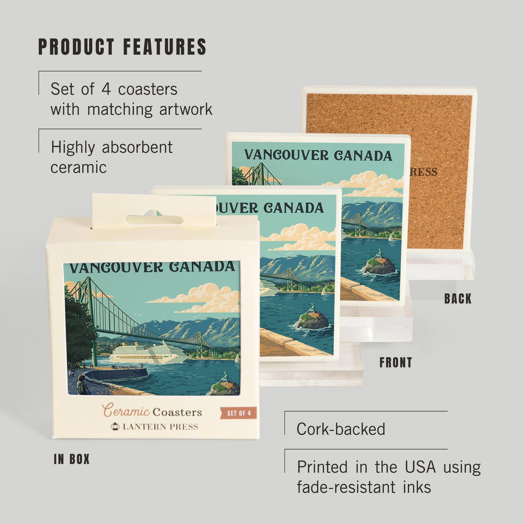 Vancouver Canada, Lions Gate Bridge, Painterly, Coasters Coasters Lantern Press