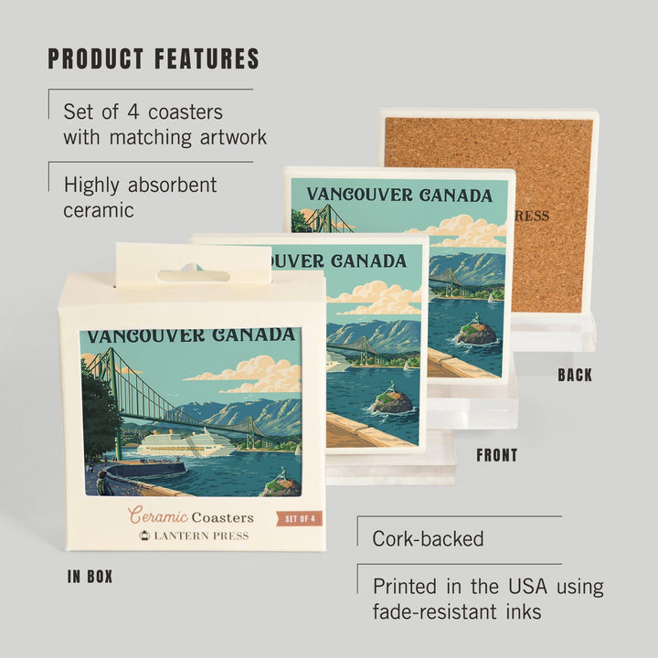 Vancouver Canada, Lions Gate Bridge, Painterly, Coasters Coasters Lantern Press