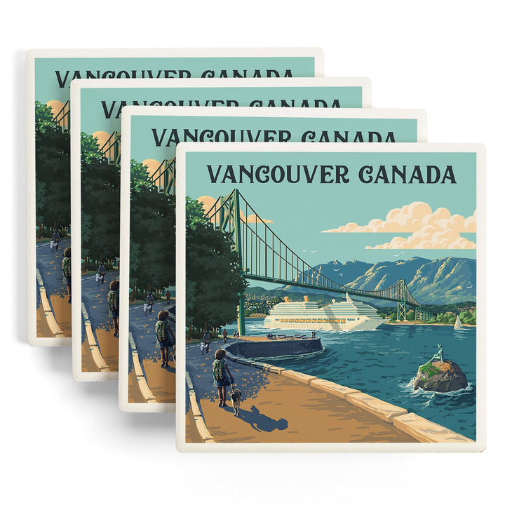 Vancouver Canada, Lions Gate Bridge, Painterly, Coasters Coasters Lantern Press