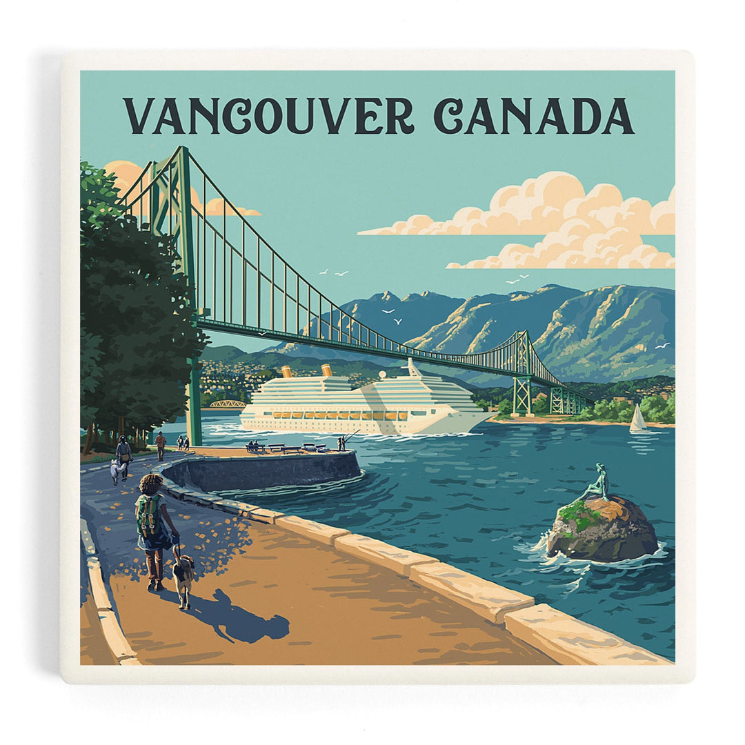 Vancouver Canada, Lions Gate Bridge, Painterly, Coasters Coasters Lantern Press Coaster