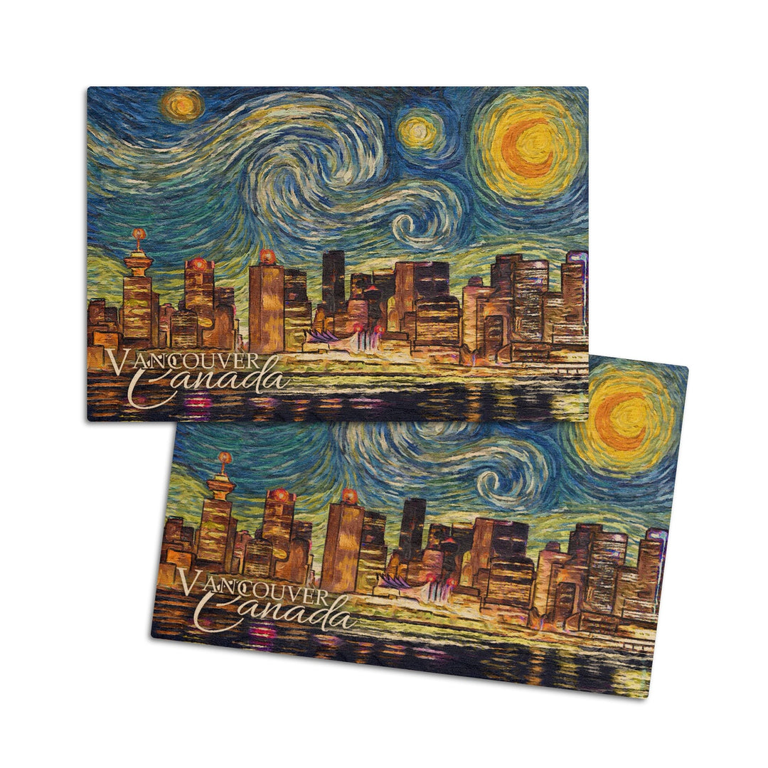 Vancouver, Canada, Starry Night, Lantern Press Artwork, Wood Signs and Postcards Wood Lantern Press 4x6 Wood Postcard Set