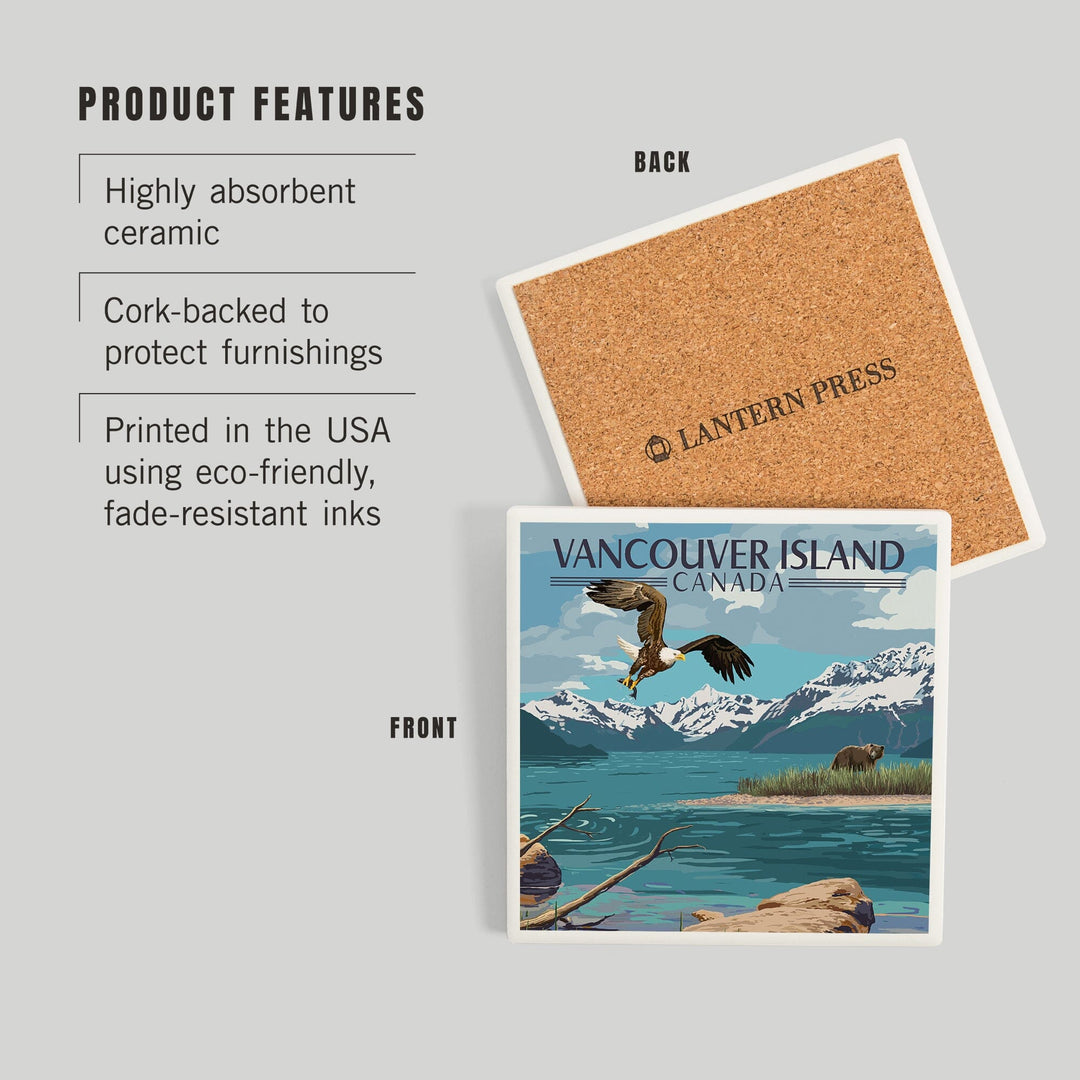 Vancouver Island, Canada, Painterly, Lake Scene, Bald Eagle and Bear, Coasters Coasters Lantern Press