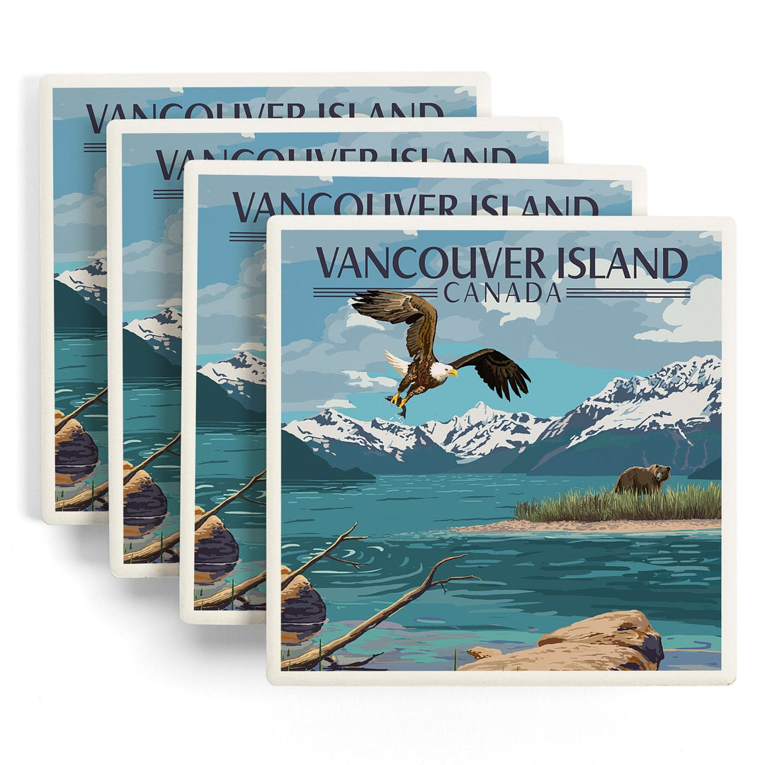 Vancouver Island, Canada, Painterly, Lake Scene, Bald Eagle and Bear, Coasters Coasters Lantern Press