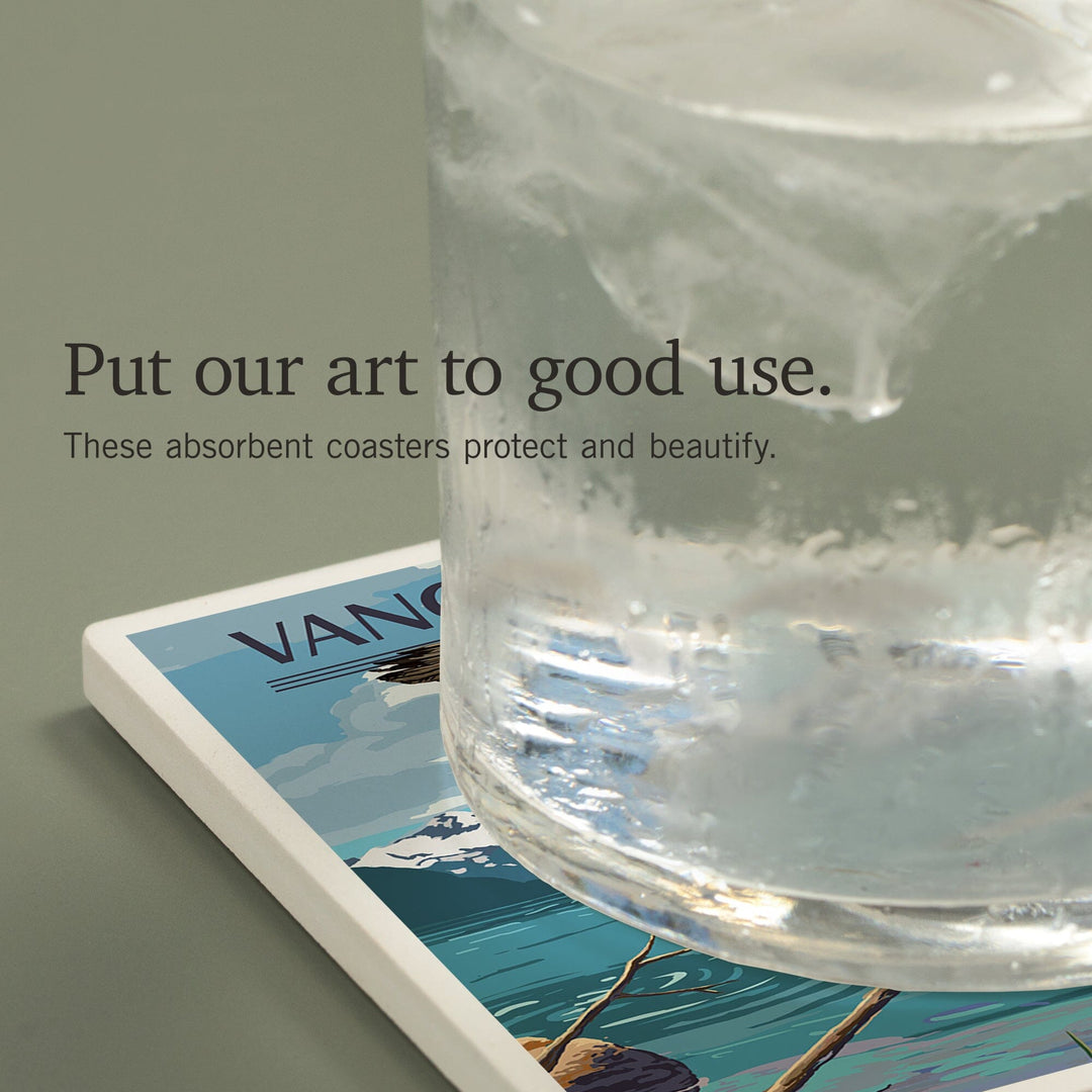 Vancouver Island, Canada, Painterly, Lake Scene, Bald Eagle and Bear, Coasters Coasters Lantern Press