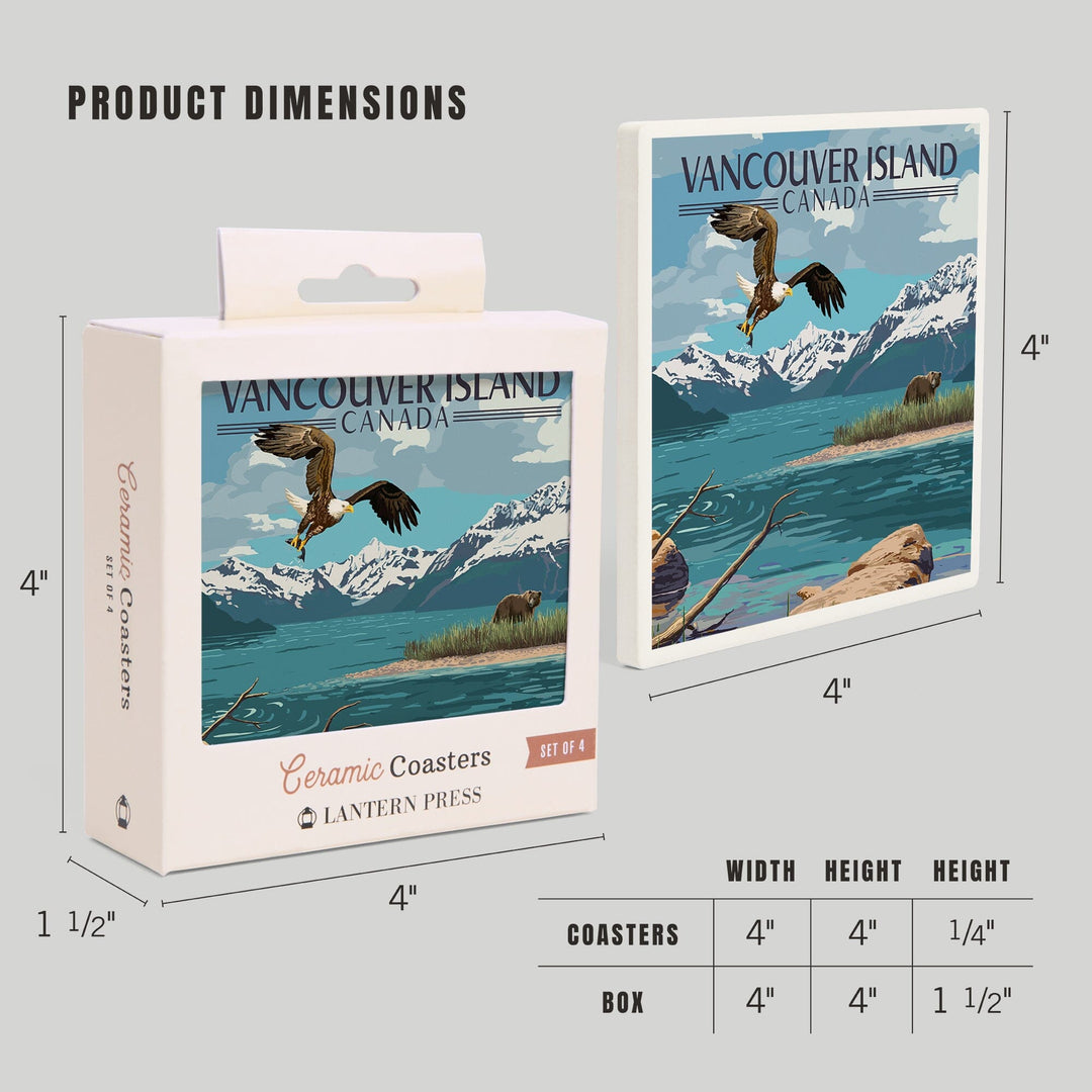 Vancouver Island, Canada, Painterly, Lake Scene, Bald Eagle and Bear, Coasters Coasters Lantern Press