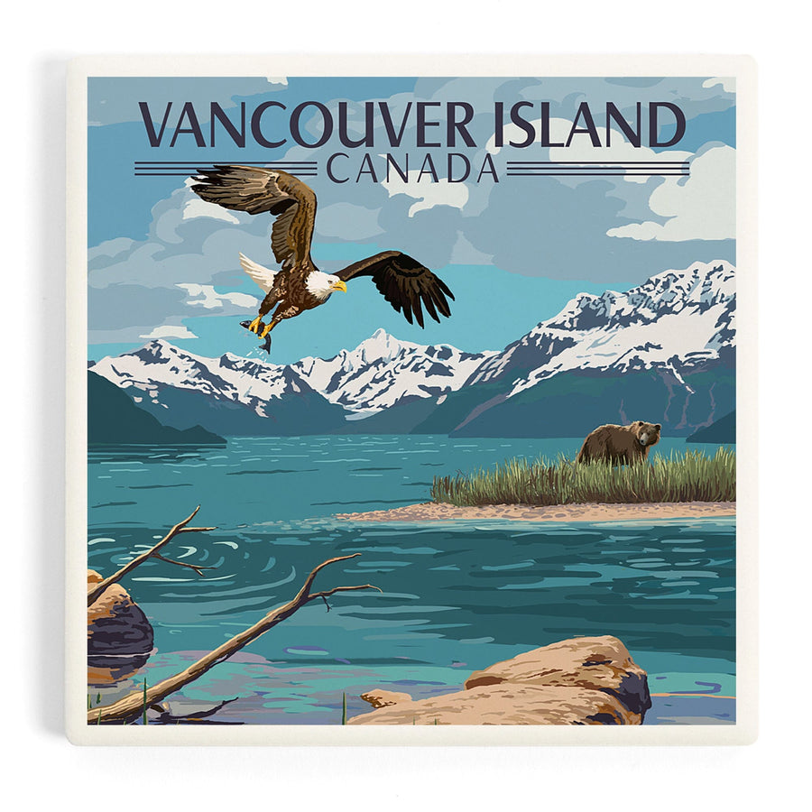 Vancouver Island, Canada, Painterly, Lake Scene, Bald Eagle and Bear, Coasters Coasters Lantern Press