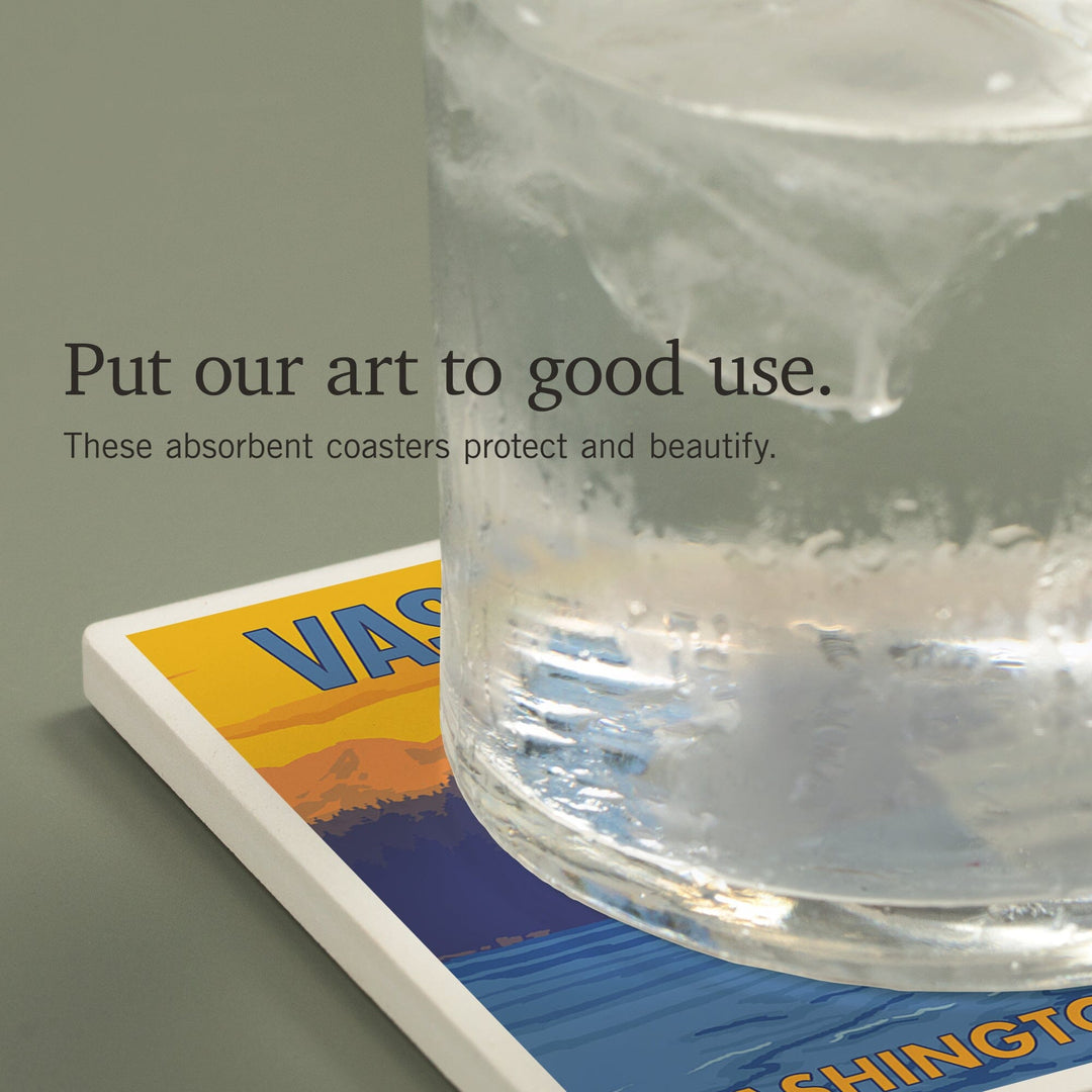 Vashon Island, Washington, Ferry and Mountains, Coasters Coasters Lantern Press