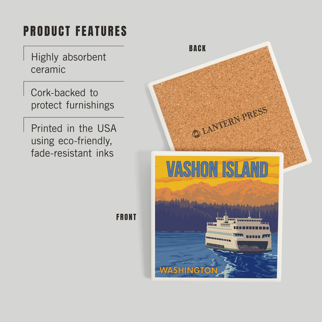 Vashon Island, Washington, Ferry and Mountains, Coasters Coasters Lantern Press