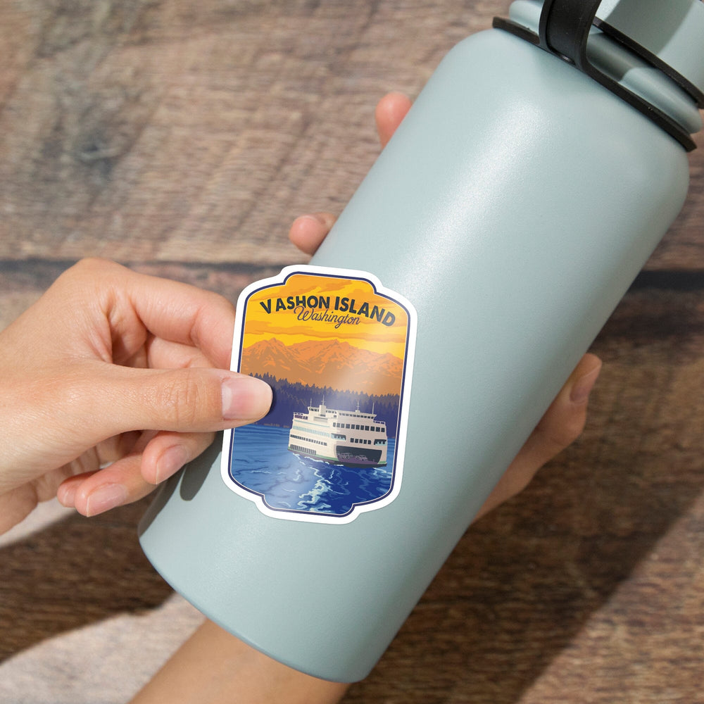 Vashon Island, Washington, Ferry & Mountains, Contour, Lantern Press Artwork, Vinyl Sticker Sticker Lantern Press