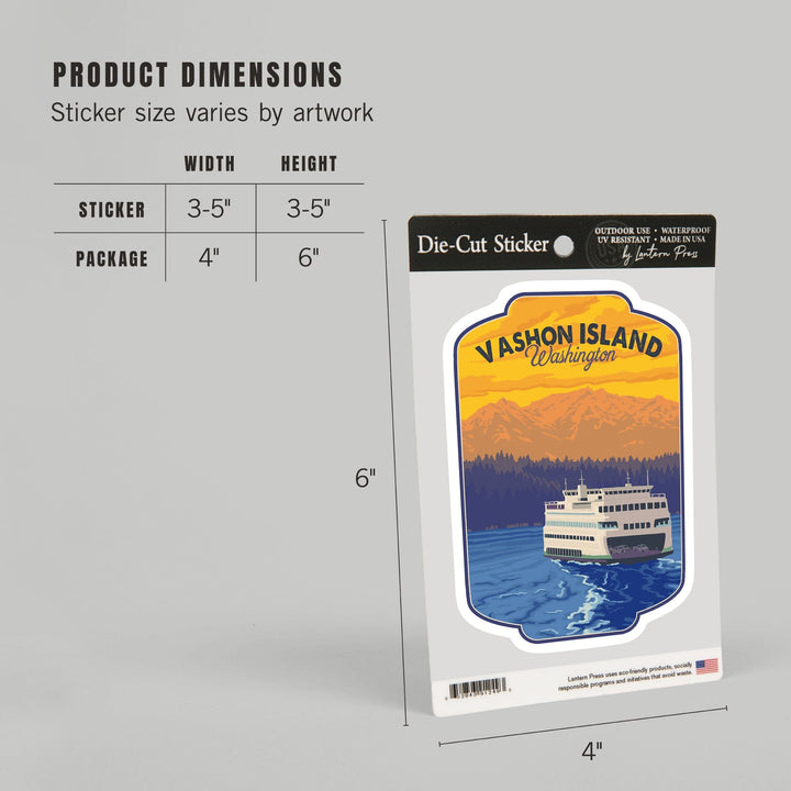 Vashon Island, Washington, Ferry & Mountains, Contour, Lantern Press Artwork, Vinyl Sticker Sticker Lantern Press