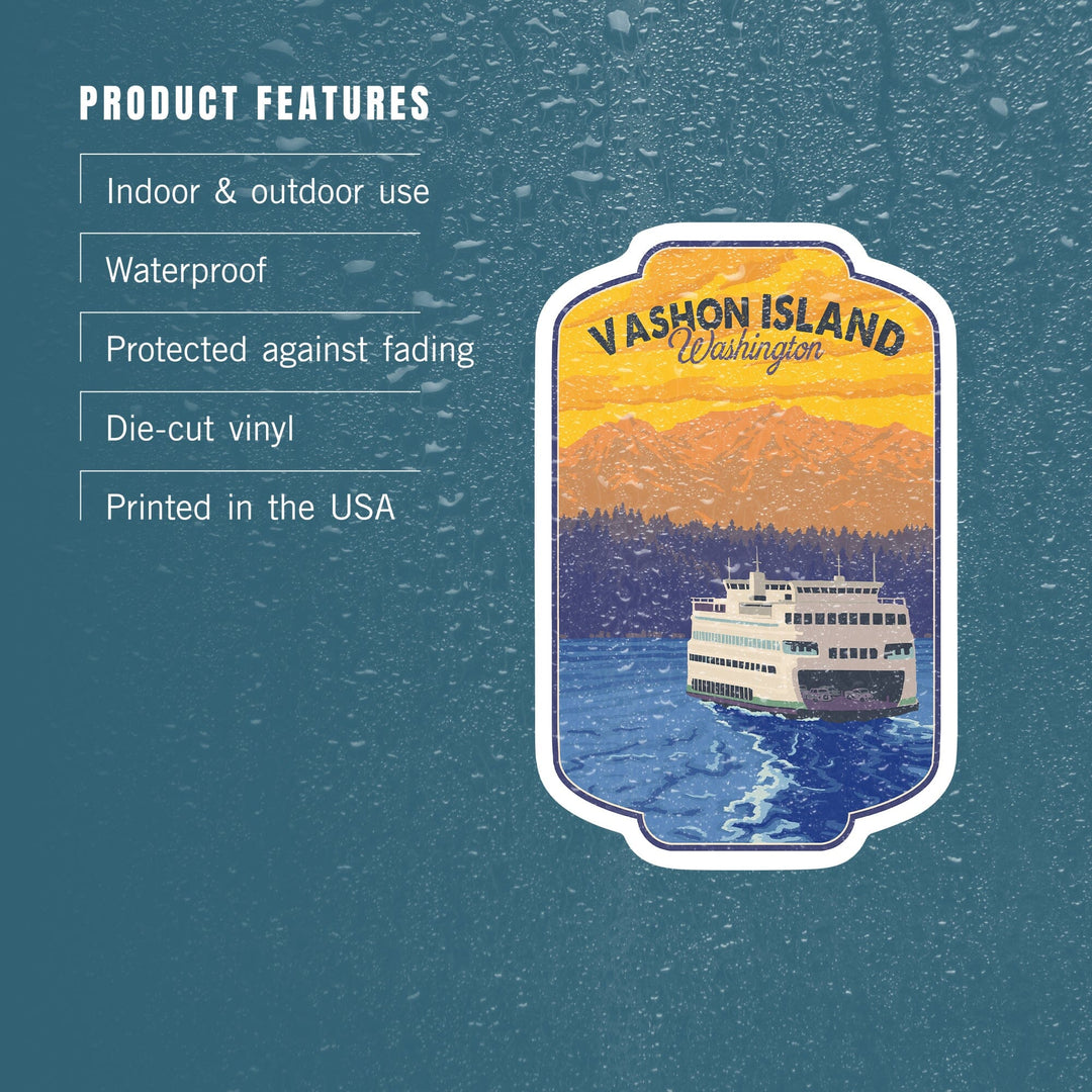 Vashon Island, Washington, Ferry & Mountains, Contour, Lantern Press Artwork, Vinyl Sticker Sticker Lantern Press