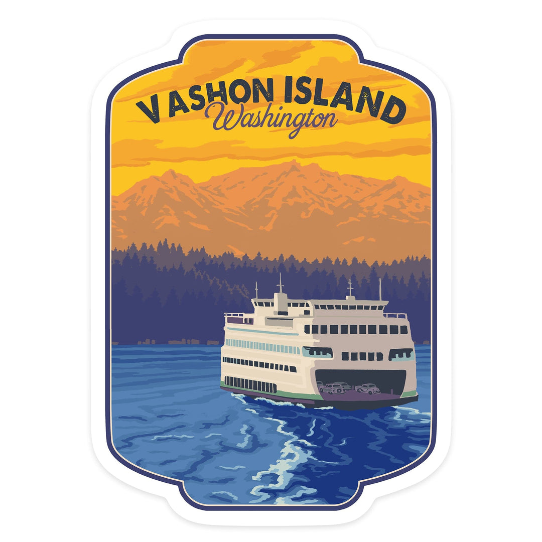 Vashon Island, Washington, Ferry & Mountains, Contour, Lantern Press Artwork, Vinyl Sticker Sticker Lantern Press