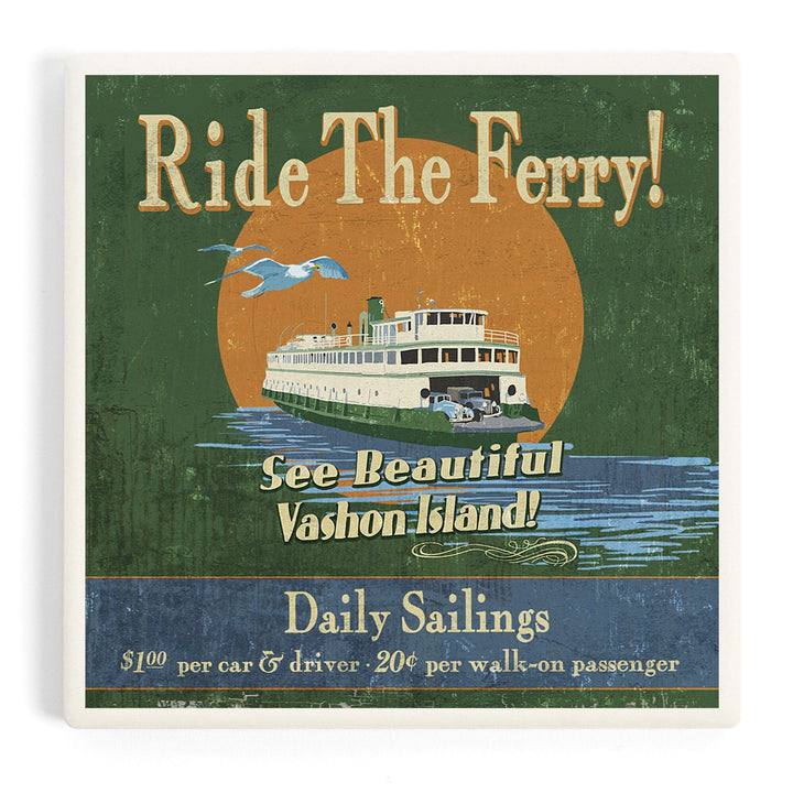 Vashon Island, Washington, Ferry Ride Vintage Sign, Coasters Coasters Lantern Press Coaster