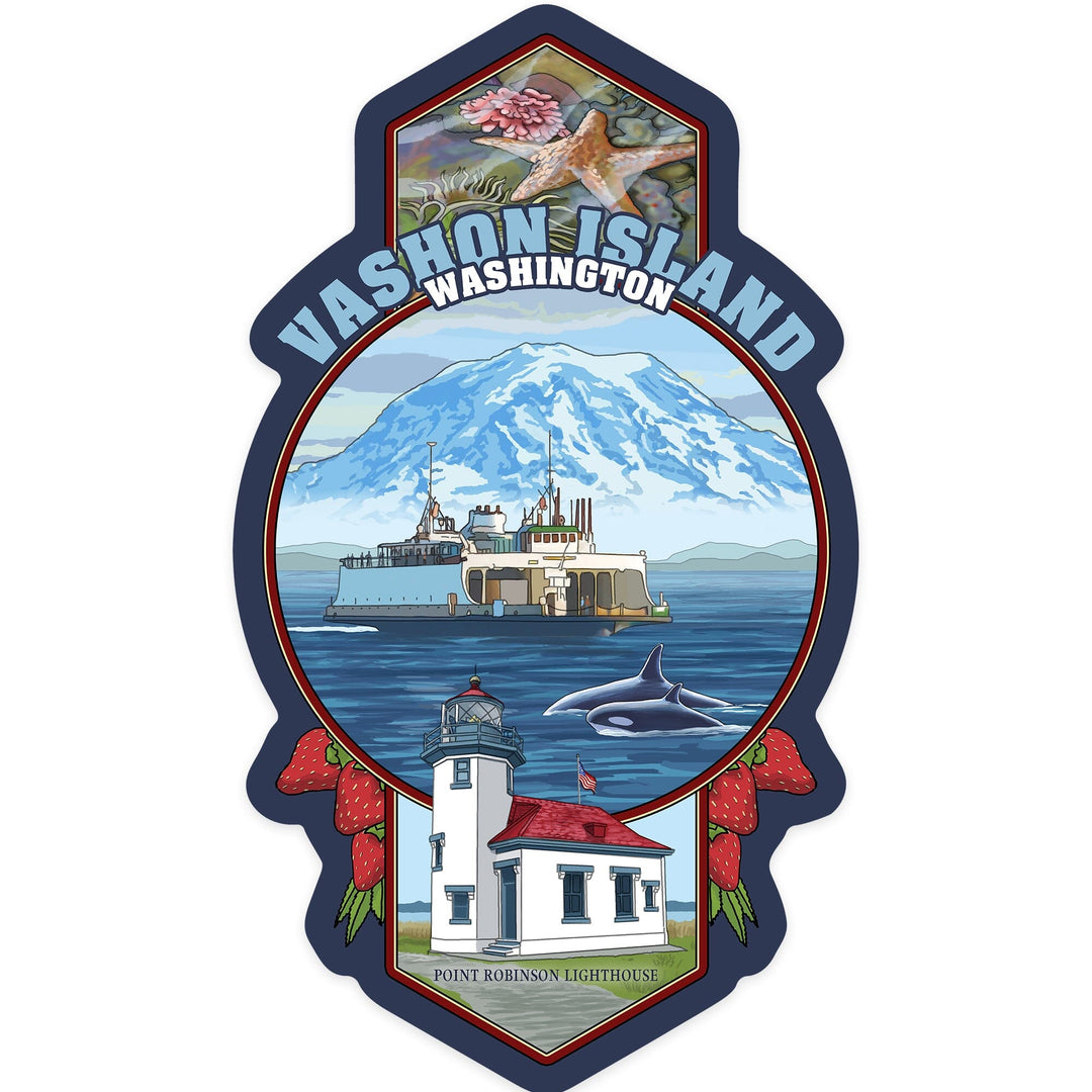 Vashon Island, Washington, Montage, Contour, Vinyl Sticker Sticker Lantern Press