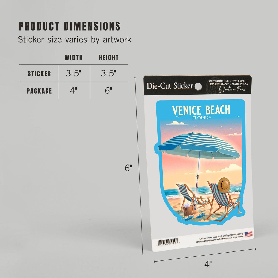 Venice, Florida, Beach Umbrella and Chair, Contour, Vinyl Sticker Sticker Lantern Press