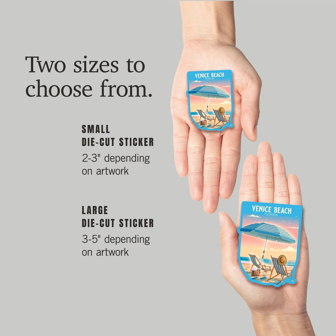 Venice, Florida, Beach Umbrella and Chair, Contour, Vinyl Sticker Sticker Lantern Press