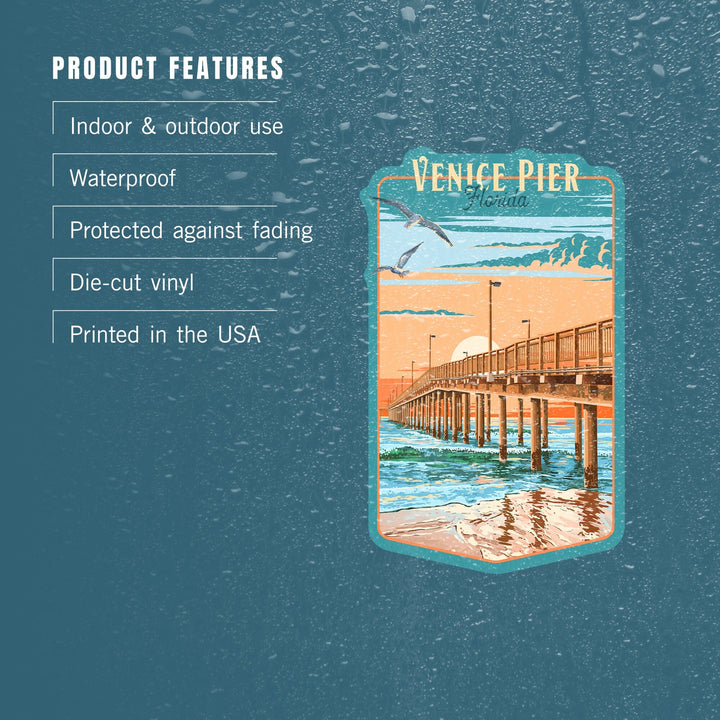 Venice, Florida, Painterly Pier, Contour, Vinyl Sticker Sticker Lantern Press