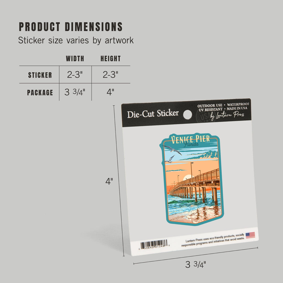 Venice, Florida, Painterly Pier, Contour, Vinyl Sticker Sticker Lantern Press