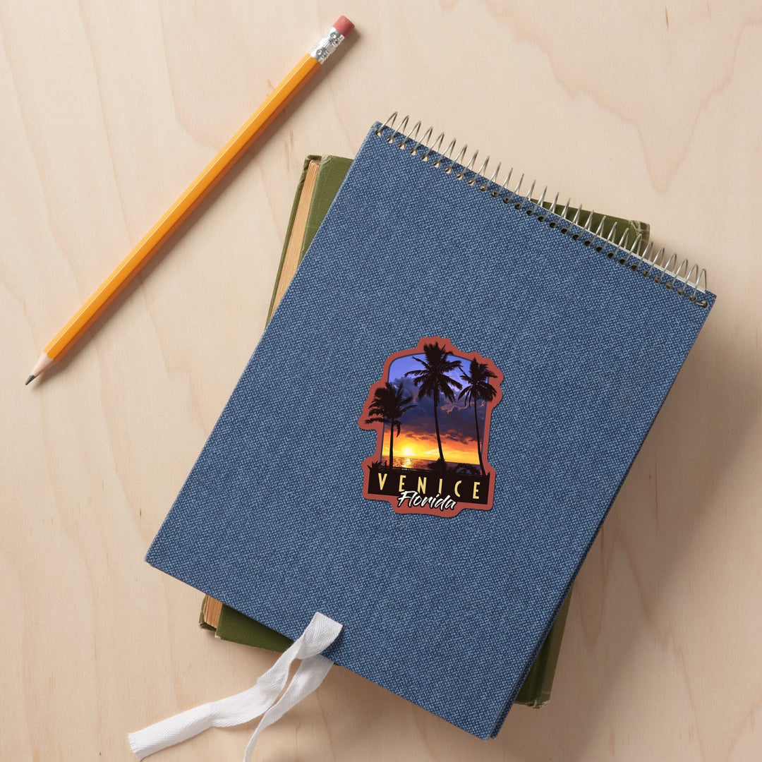 Venice, Florida, Palms and Sunset, Contour, Vinyl Sticker Sticker Lantern Press