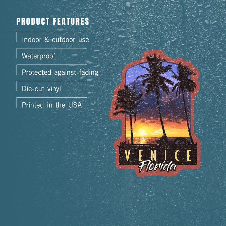 Venice, Florida, Palms and Sunset, Contour, Vinyl Sticker Sticker Lantern Press
