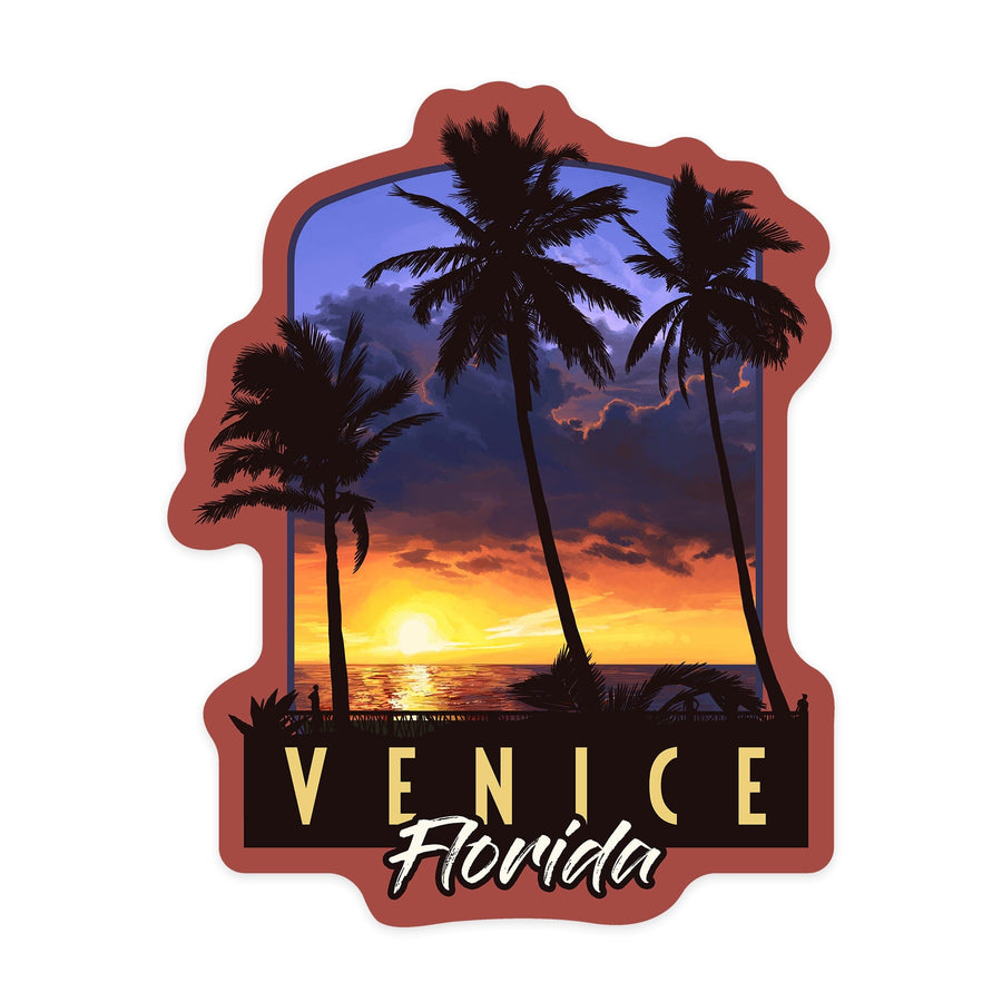 Venice, Florida, Palms and Sunset, Contour, Vinyl Sticker Sticker Lantern Press