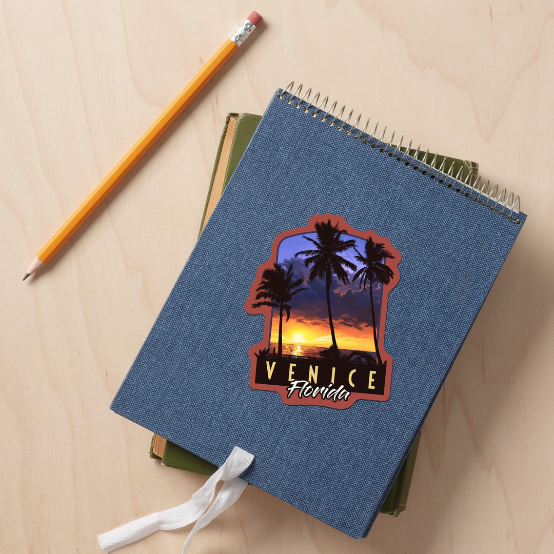 Venice, Florida, Palms and Sunset, Contour, Vinyl Sticker Sticker Lantern Press