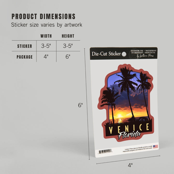 Venice, Florida, Palms and Sunset, Contour, Vinyl Sticker Sticker Lantern Press