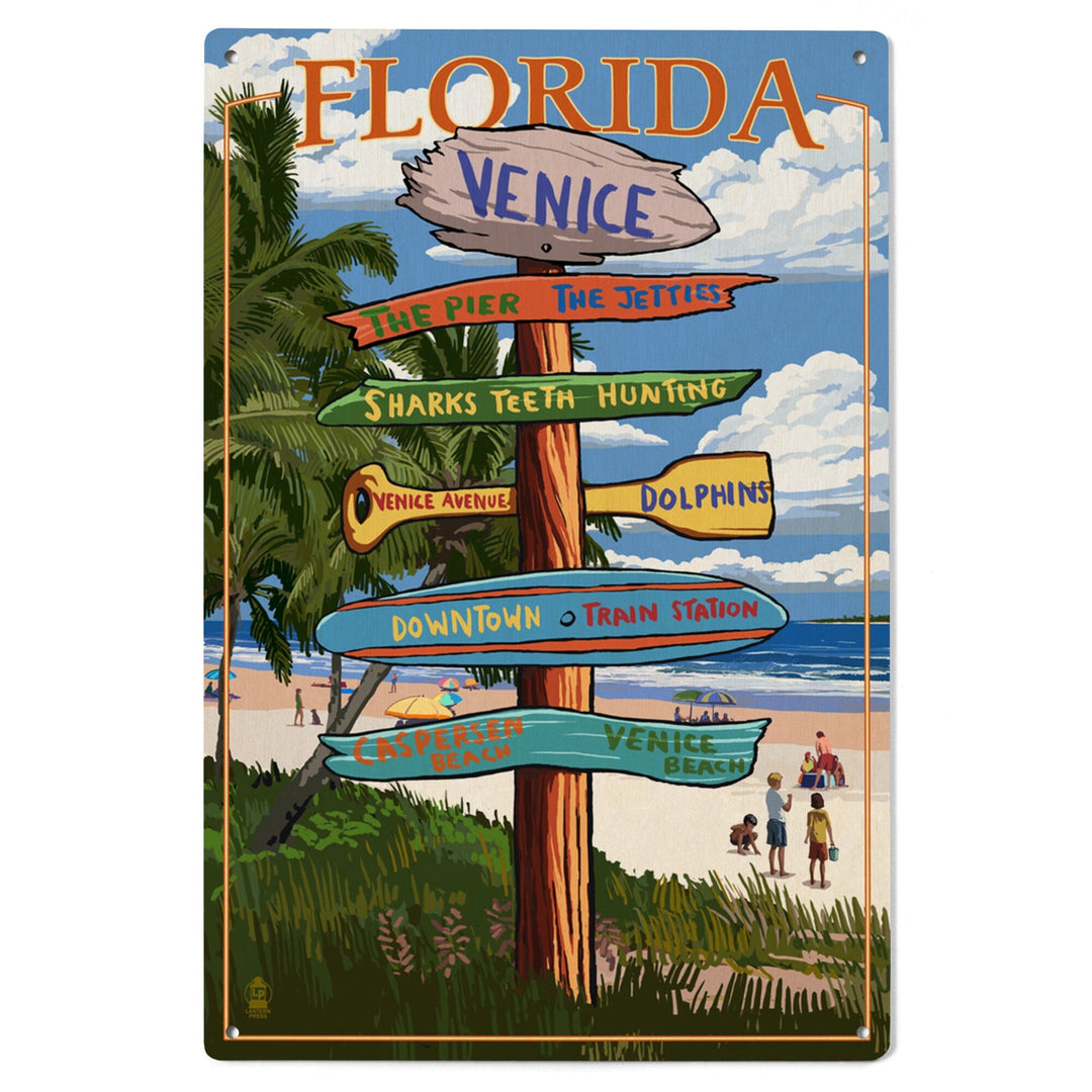 Venice, Florida, Sign Post, Lantern Press Artwork, Wood Signs and Postcards Wood Lantern Press
