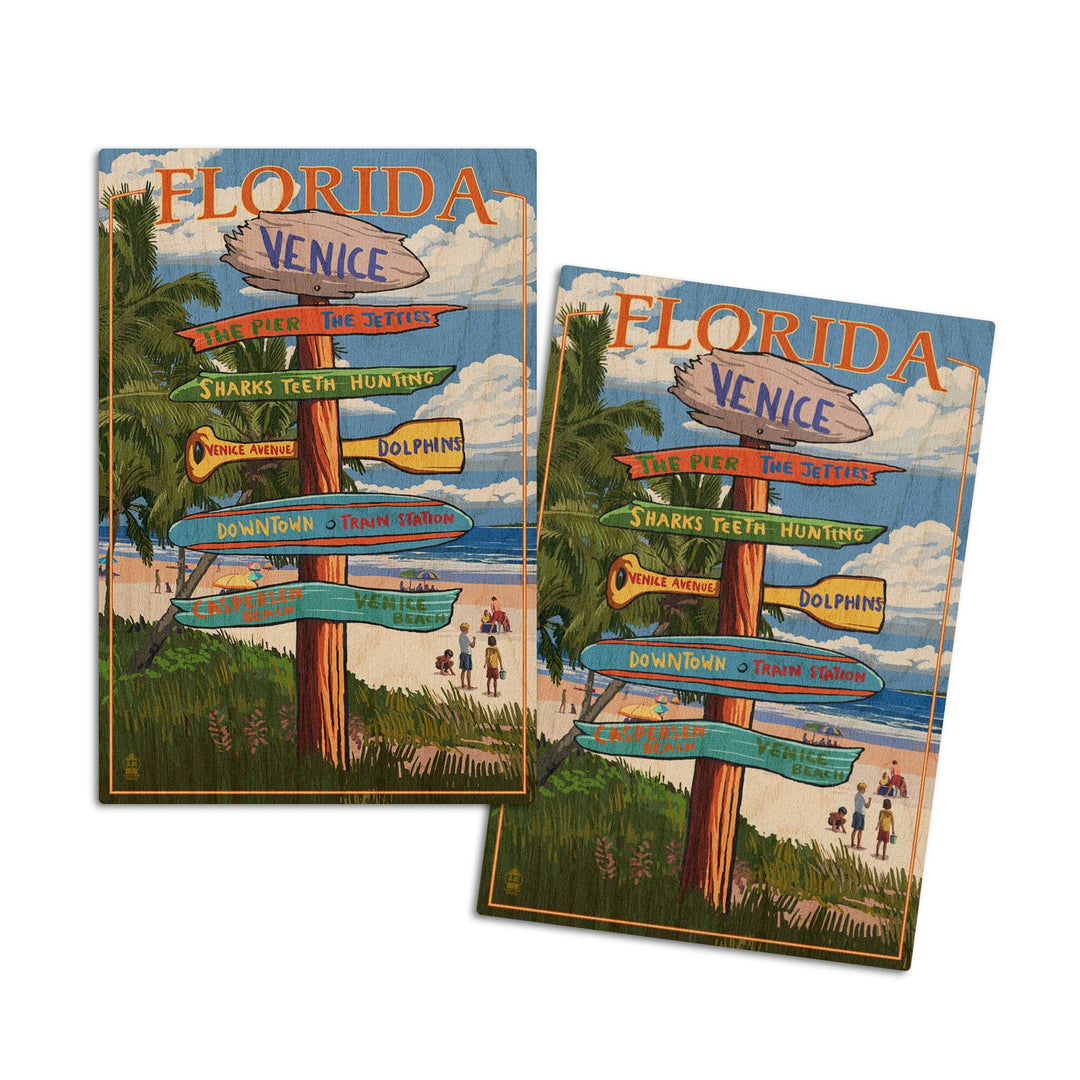 Venice, Florida, Sign Post, Lantern Press Artwork, Wood Signs and Postcards Wood Lantern Press 4x6 Wood Postcard Set