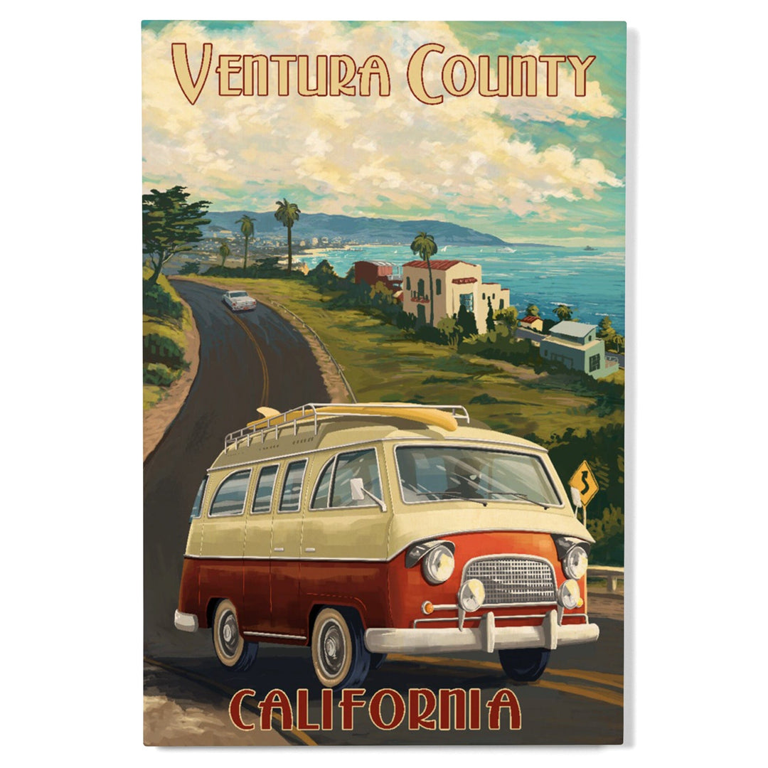 Ventura, California, Camper Van, Lantern Press Artwork, Wood Signs and Postcards Wood Lantern Press