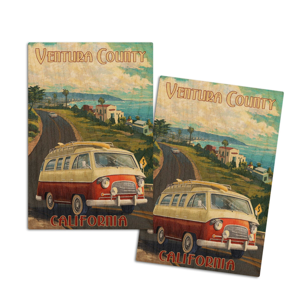 Ventura, California, Camper Van, Lantern Press Artwork, Wood Signs and Postcards Wood Lantern Press 4x6 Wood Postcard Set