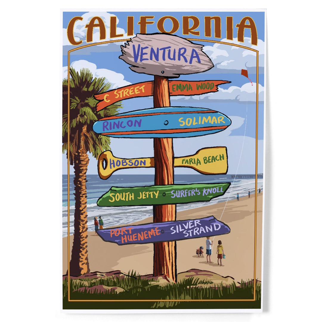 Ventura, California, Destination Sign, Kids with Kite, Art & Giclee Prints Art Lantern Press