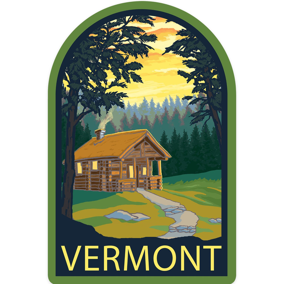 Vermont, Cabin in the Woods Scene, Contour, Lantern Press Artwork, Vinyl Sticker Sticker Lantern Press