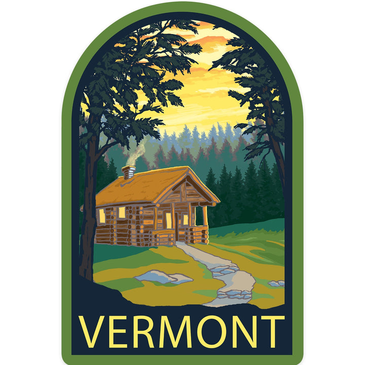 Vermont, Cabin in the Woods Scene, Contour, Lantern Press Artwork, Vinyl Sticker Sticker Lantern Press