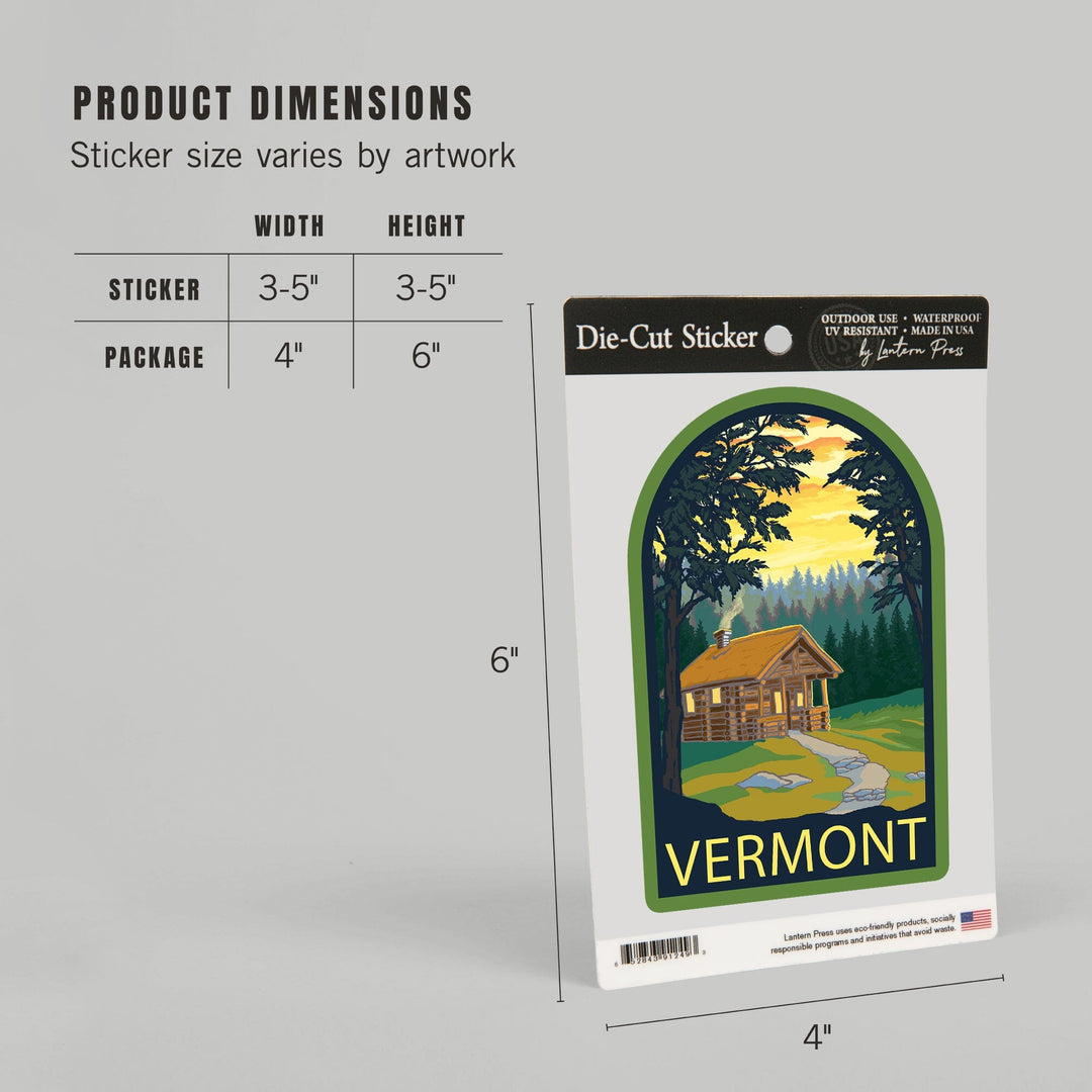 Vermont, Cabin in the Woods Scene, Contour, Lantern Press Artwork, Vinyl Sticker Sticker Lantern Press