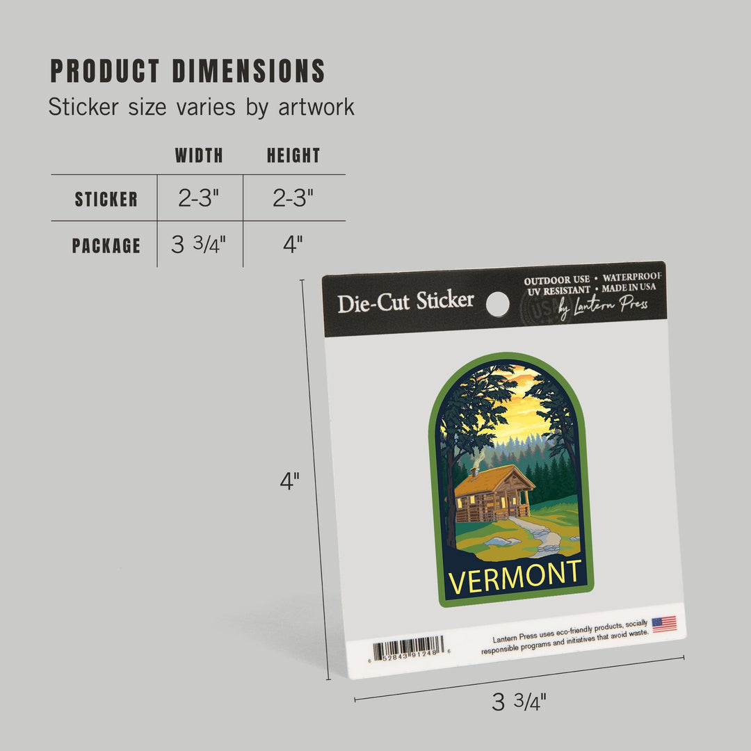 Vermont, Cabin in the Woods Scene, Contour, Lantern Press Artwork, Vinyl Sticker Sticker Lantern Press