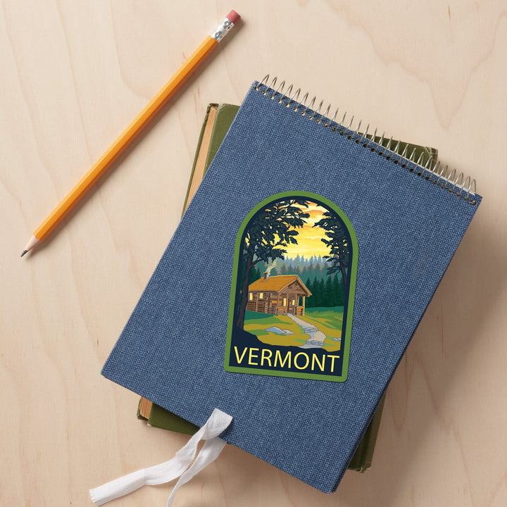 Vermont, Cabin in the Woods Scene, Contour, Lantern Press Artwork, Vinyl Sticker Sticker Lantern Press