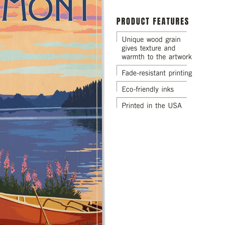 Vermont, Canoe and Lake, Lantern Press Artwork, Wood Signs and Postcards Wood Lantern Press
