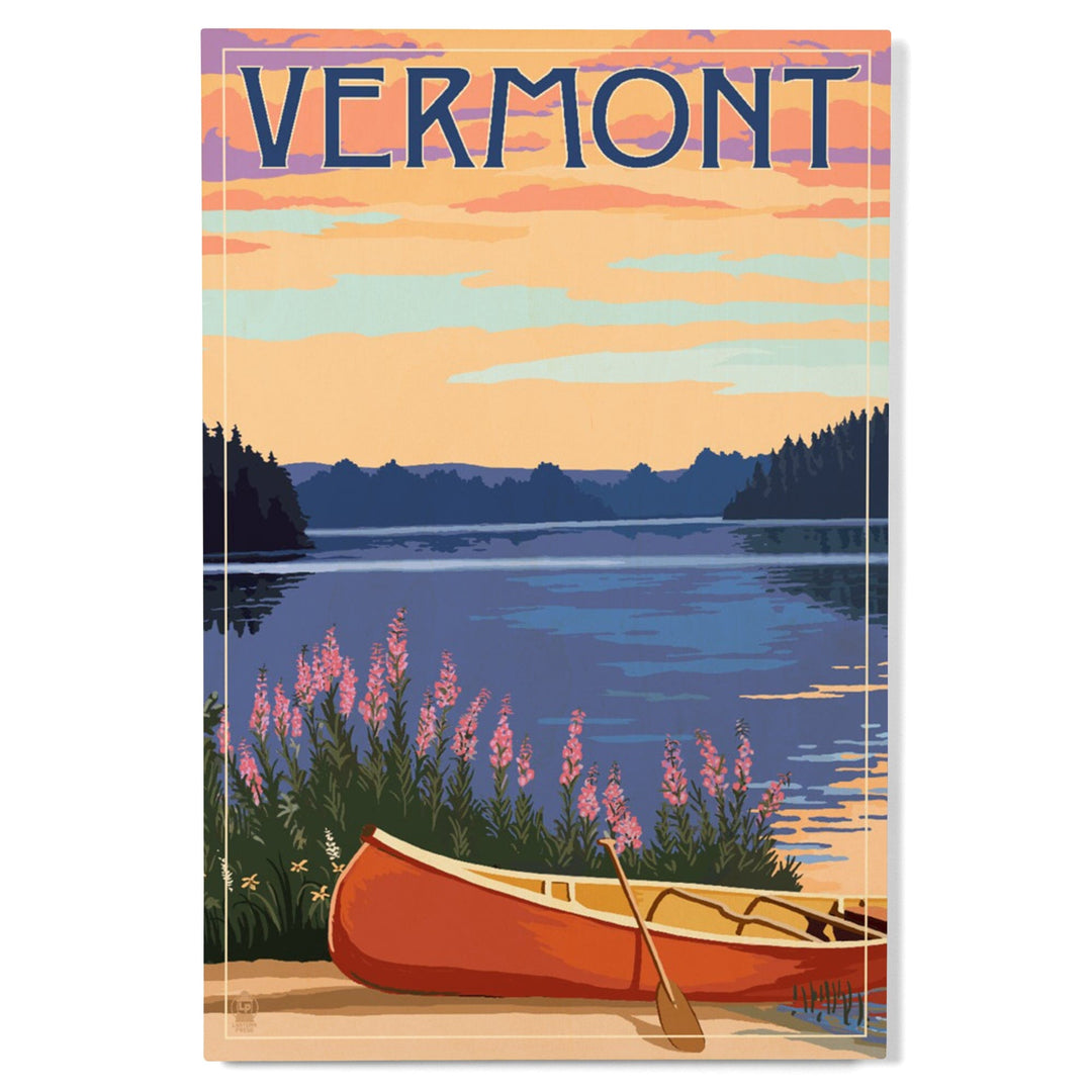 Vermont, Canoe and Lake, Lantern Press Artwork, Wood Signs and Postcards Wood Lantern Press