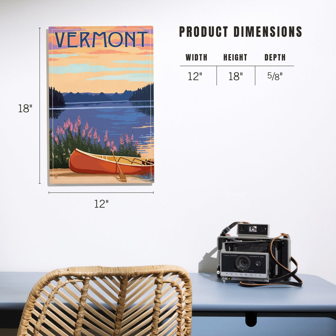 Vermont, Canoe and Lake, Lantern Press Artwork, Wood Signs and Postcards Wood Lantern Press